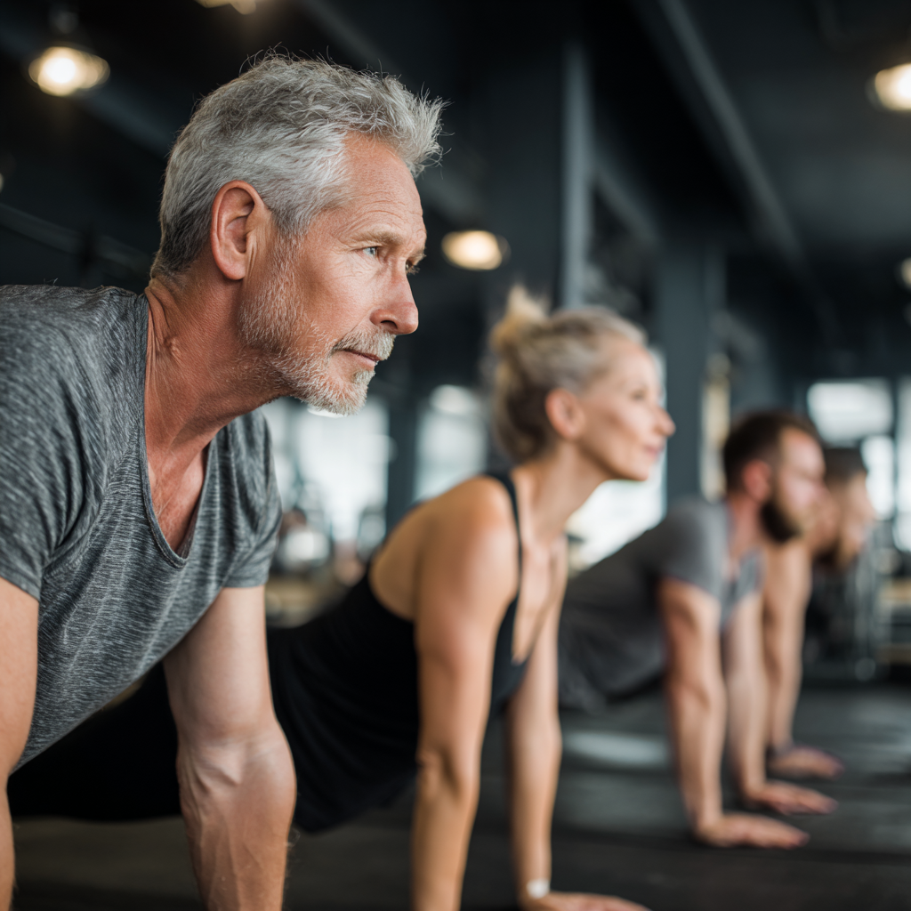 50 years old adults doing fitness exercises in modern gym