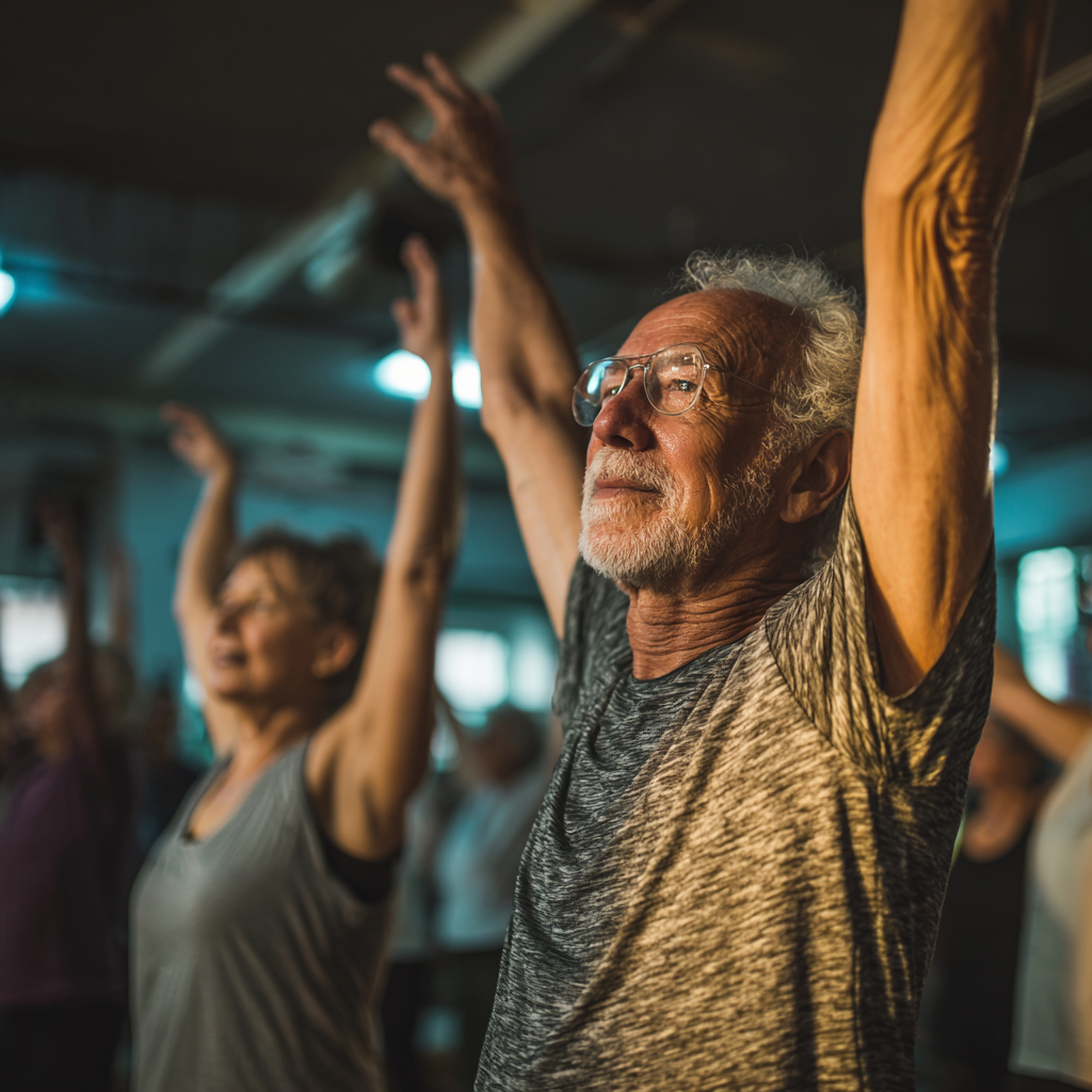 51 years old people participating in group fitness session