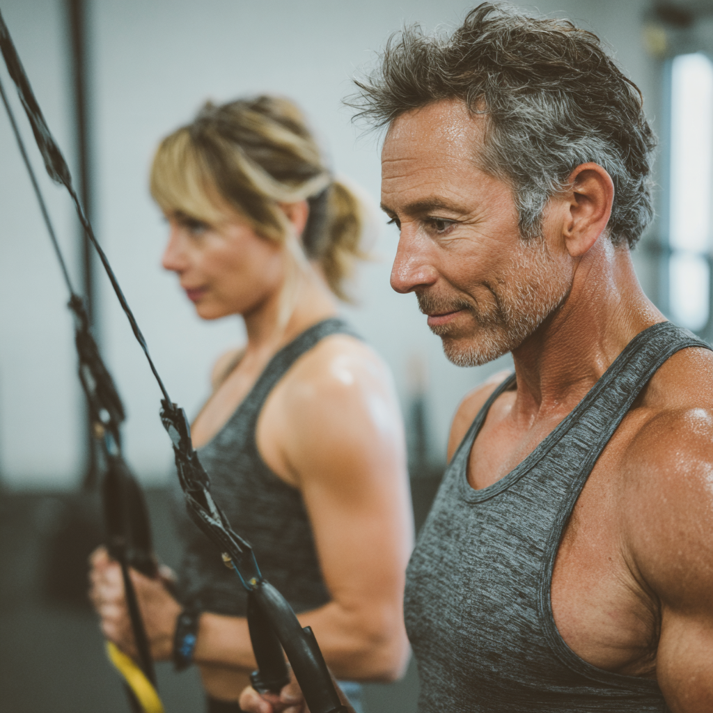 53 years old adults training at fitness together